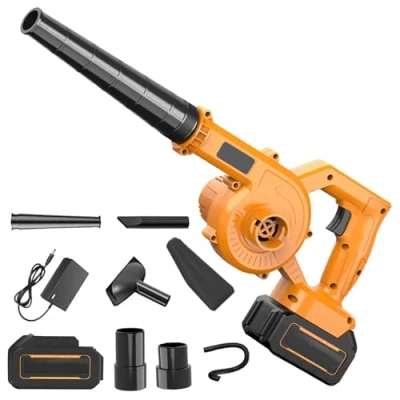 Afbeelding van Bladblazer, 21 V, draadloos, met accu en oplader, draadloze blazer, reiniging, sneeuwruimer, bladblazer voor tuinbladeren, houtsnippers (geel, 1 batterij)