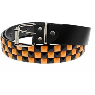 Afbeelding van Zac&#039;s Alter Ego Chessboard 3 row pyramid studs Riem Zwart/Oranje
