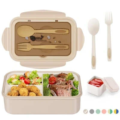 Afbeelding van Lunchbox met 3 vakken Beige 1400 ml Broodtrommel bestek en extra bakje Snackbox voor school, werk, picknick Magnetron/vaatwasserbestendig