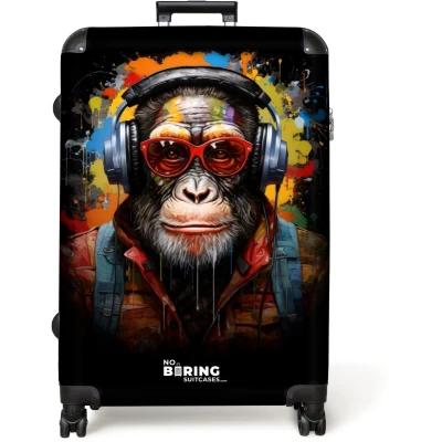 Afbeelding van NoBoringSuitcases.com® Koffer groot Reiskoffer lichtgewicht Chimpansee met koptelefoon en graffiti spray Rolkoffer 4 wielen Grote trolley XL 98 liter bagage