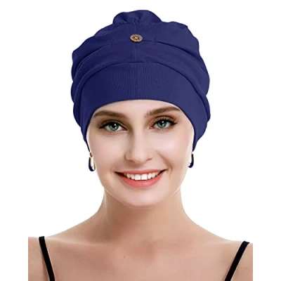 Afbeelding van osvyo Katoenen chemo hoofddeksel voor dames met kanker en haaruitval, muts van katoen, lichte hoofdbedekking, verzegelde verpakking, Donkerblauw, One size