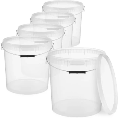 Afbeelding van BenBow Emmer met deksel, 20 l, transparant, geschikt voor levensmiddelen, stabiel, luchtdicht, lekvrij, voorraaddoos het opbergen van kunststof, metalen handvat, leeg, 5 stuks, liter