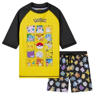 Afbeelding van Pokemon Badpak voor jongens, tweedelig zwempak zwemshirt &amp; zwemshorts, geel/zwart, 7 8 Jaren