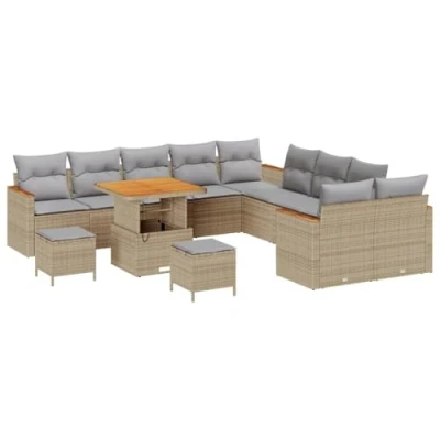 Afbeelding van vidaXL 13 delige tuinsofaset met kussens in beige poly rattan en acacia