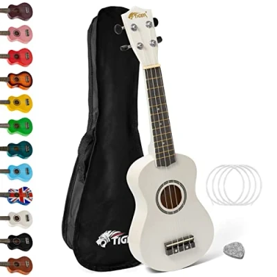 Afbeelding van TIGER UKE7 WH Sopraan Ukulele voor beginners inclusief gigbag, vilt pick, reserve set snaren nu uitgerust met Aquila wit