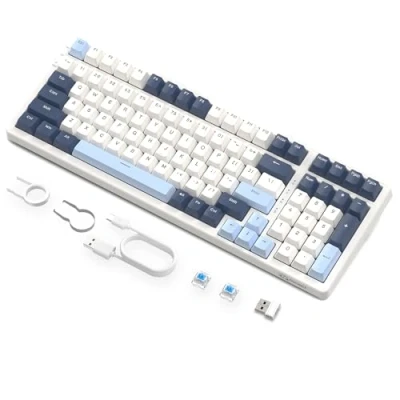 Afbeelding van Draadloos Hotswap Mechanisch Gaming Toetsenbord, Bedraad RGB Toetsenbord met Achtergrondverlichting, Blauwe Schakelaar, Bluetooth/2,4 Ghz/USB C 4001 mAh Batterij voor Mac/Win Blauw/Wit