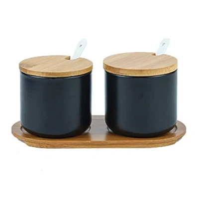 Afbeelding van OnePine Set van 2 keramische kruidenpotjes, zoutpot, suikerpot, kruidenpotjes met lepel en bamboe deksel voor thee, suiker, zout specerijen