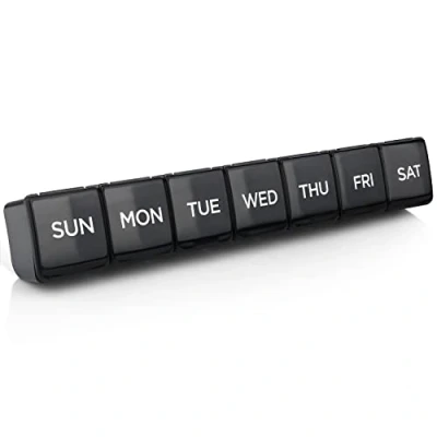 Afbeelding van Premium zwarte pillendoos organizer, BPA vrij, tablettendozen voor op reis, gemakkelijk te openen, grote vakken, uniek veerondersteund, open ontwerp tabletten, vitamines, medicijnen en levertraan