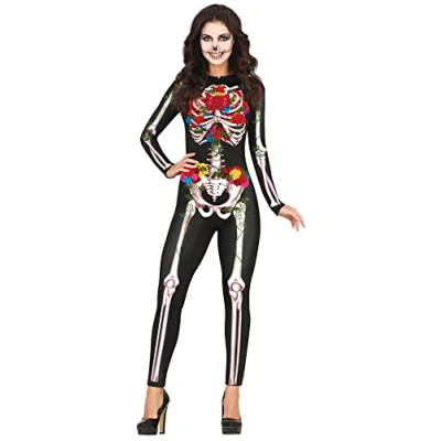 Afbeelding van Guirca Spaans &amp; Mexicaans Kostuum Kleurrijke Bloemen Skelet Vrouw Zwart, Multicolor Maat 36 38 Halloween Verkleedkleding