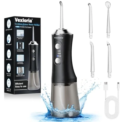 Afbeelding van Vexloria Draadloze monddouche, elektrische tandenreiniger, draagbaar, IPX7 waterflosser, 3 modi en 4 sproeiers, 300 ml tanddouche, orale monddouche testwinnaar voor verwijdert etensresten reinigt