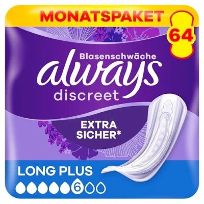 Afbeelding van Altijd discrete incontinentiepads voor dames, Long Plus, 64 pads met matig absorptievermogen (16 x 4 verpakkingen), geurneutralisator, SPAARPAKKET, gevoelige blaas (verpakking kan variëren)