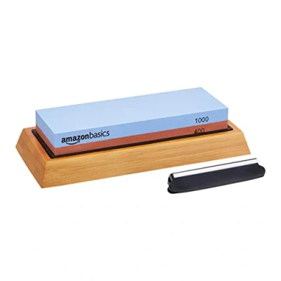 Afbeelding van Amazon Basics Wetsteen, voor messen scherpen, dubbelzijdig, korrelgrootte 400/1000, met antislip bamboe basis, 1 stuk, blauw en rood