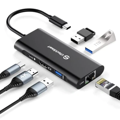 Afbeelding van UtechSmart USB C hub, 6 in 1 naar HDMI adapter met 1000 M ethernet, PD 100 W oplaadpoort, 3 3.0 poortadapters, compatibel MacBook Pro, Chromebook en apparaten (zwart)