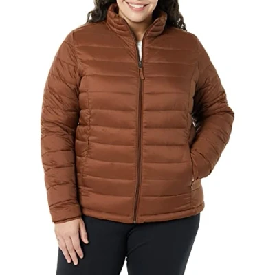 Afbeelding van Amazon Essentials Lichtgewicht damesjack met lange mouwen, waterafstotend, opvouwbaar pufferjack (verkrijgbaar in grote maten), donker toffeebruin, L