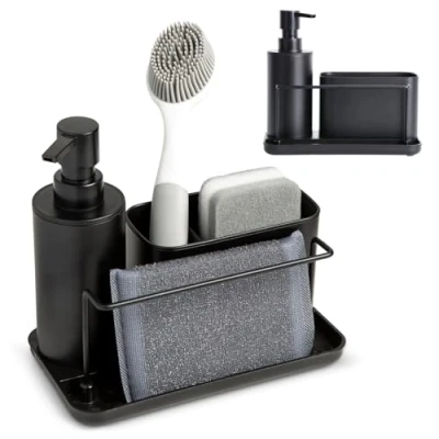 Afbeelding van Kook Time Spoelbakorganizer en afwasmiddeldispenser, keukenset, zeepdispenser met sponshouder afwasborstelhouder, ideaal voor keukenspoelbak, zwart, 21 x 12 19 cm.
