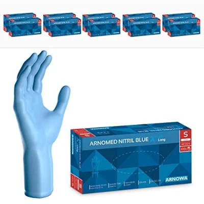 Afbeelding van ARNOMED Wegwerphandschoenen geel extra lang, 30cm in S, nitril handschoenen dik, 1000 stuks, rubber maten M, L &amp; XL