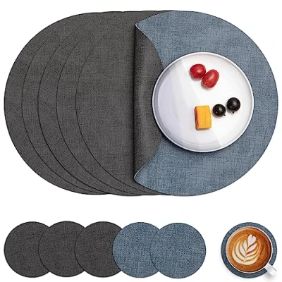 Afbeelding van Myir JUN Lederen Placemat Rond en Onderzetters, Tafelmatten Waterdichte Afveegbare Dubbelzijdige Plaats Matten Koffiematten Antislip Wasbare Placemats Coaster (Grijs Lichtblauw, Sets 6)