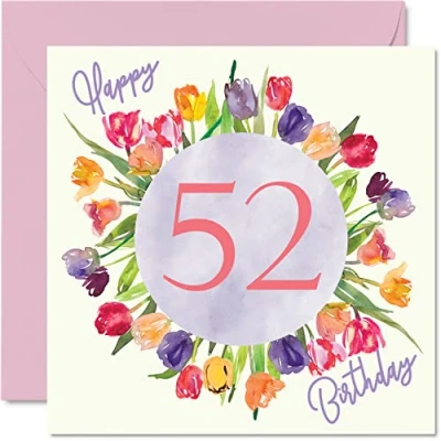 Afbeelding van Mooie 52e verjaardagskaarten voor vrouwen Aquarel Tulpen bloemen Boeket Gelukkige Verjaardagskaart haar oma Nanny Gran Mama Verjaardagscadeaus, 145 mm x wenskaarten cadeau