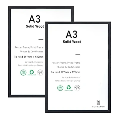 Afbeelding van Certificaat fotolijst, zwarte houten A3 posterlijst met plexi glass voor muurbevestiging, set van 2 stuks, 29,7 x 42 cm