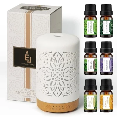 Afbeelding van Earnest Living 100 ml witte keramische etherische olie diffuser geschenkdoos en set oliën, timer, nachtlampje, automatische uitschakelfunctie, luchtbevochtiger