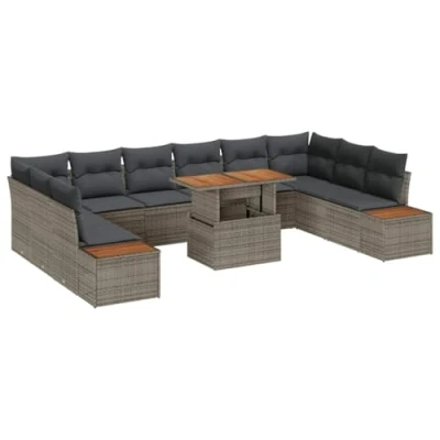 Afbeelding van vidaXL 11 delige tuinbankset met kussens in grijs poly rattan
