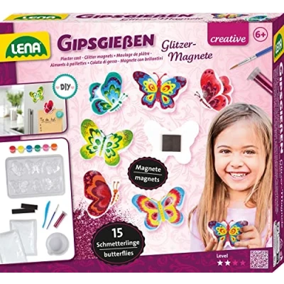 Afbeelding van Lena 42707 Gipsgietset voor 15 glitter vlindermagneten, gietvorm, gipsfiguren met 6 vlindervormen, gips, schilderverf, kwast, en magneetstrips, knutselset kinderen vanaf jaren