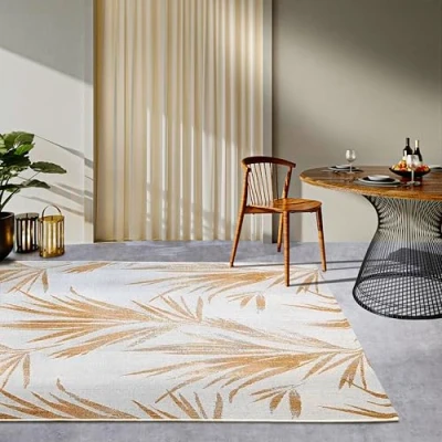 Afbeelding van Villeroy &amp; Boch Leonie Vloerkleed voor binnen en buiten, modern vlakweefsel buitentapijt, palmbladeren, Oeko Tex, weerbestendig uv bestendig, balkon, terras, tuin, crèmegoud, 160x235cm