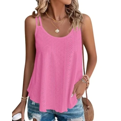Afbeelding van WNEEDU Dames tanktop zomer spaghetti cami bovenstuk mouwloos ronde hals blouses top shirts, roze rood, L