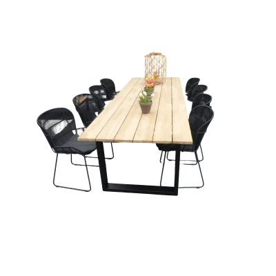 Afbeelding van Set van Kaihou tafel 300x100x76 cm zwart/teak en 8 Faye stoelen lava incl. kussen Yoi
