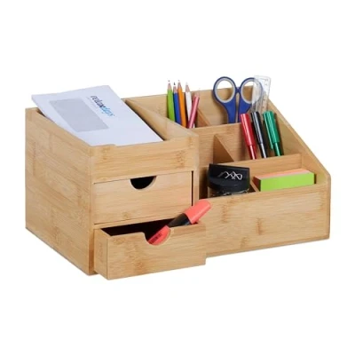 Afbeelding van Relaxdays bureau organizer met 2 lades bamboe pennenbak make up 7 vakken