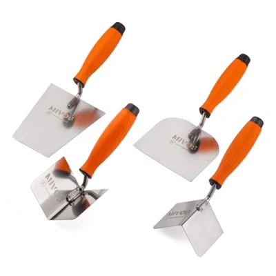 Afbeelding van Mivos Lepelset 4 delig 2x hoektroffel roestvrij 80 x 60 mm Stukateurtroffel 120 128 trapeziumlepel 160 75 meurertroffel set van staal zachte greep Made in EU
