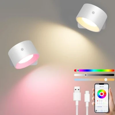 Afbeelding van Diealles Shine Smart wandlamp voor binnen, 2 stuks, dimbare zonder stroomaansluiting, 360 draaibare accu, boren, 3 kleurtemperaturen, RGB &amp; sfeermodi, app en touch control,