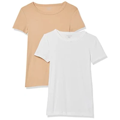 Afbeelding van Amazon Essentials Women&#039;s T shirt met korte mouwen en ronde hals in slanke pasvorm, Pack of 2, Licht camel/Wit, S