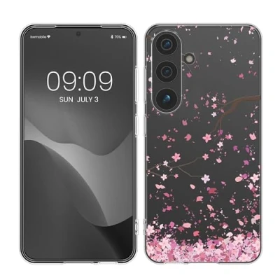 Afbeelding van kwmobile telefoonhoesje geschikt voor Samsung Galaxy S24 Hoesje smartphone in poederroze / donkerbruin transparant Kersenbloesembladeren design