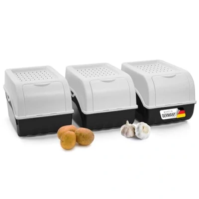 Afbeelding van Novaliv Aardappelopbergdoos, 3 x medium 5 l, wit, aardappelbox, stapelbaar, uienbox, aardappelmand, fruitcontainer, aardappelkist, uien, opslag, vershouddoos wortelen