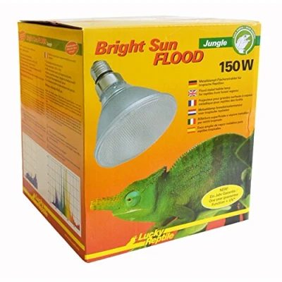 Afbeelding van Lucky Reptile Bright Sun Flood Jungle 150 W metaaldamplamp voor E27 fittingen terrariumlamp met daglichtspectrum warmtelamp UVA en UVB straling UV lamp tropische reptielen