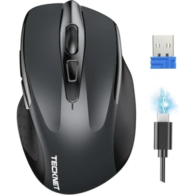Afbeelding van TECKNET Silent draadloze muis, oplaadbare muis 4800 DPI, 2,4 GHz optische computermuis voor laptop, pc, Mac, 6 toetsen, grijs