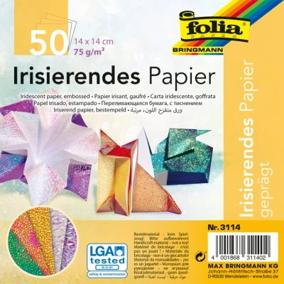 Afbeelding van Vouwblaadjes Folia 75gr 14x14cm 50 vel 2 zijdig iriserend embossing assorti kleuren