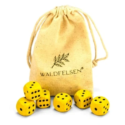 Afbeelding van Waldfelsen 6, 12, 20, 30 of 50 hoogwaardige houten kubussen van echt beukenhout, 16 mm standaard dobbelstenen met stoffen zak, kubusset (geel, 6 stuks)
