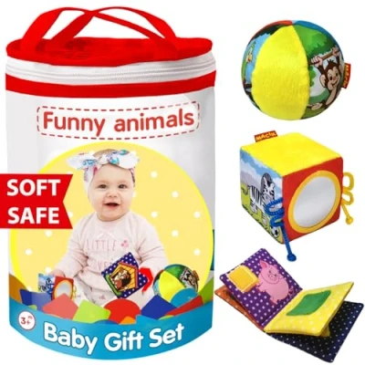 Afbeelding van magdum 3 FUNNY ANIMALS SET New Born Baby GIFT Soft BOOK + Activity CUBE Rattle BALL for Toddler Sensory Toy Babies Infant 6 months