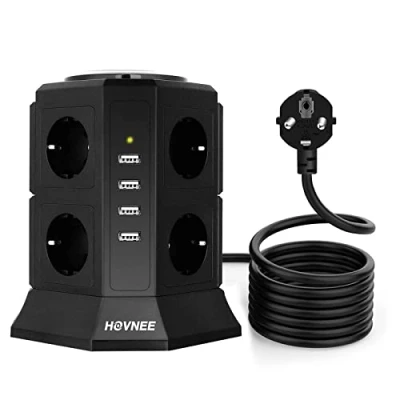 Afbeelding van HOVNEE Stekkerdoos met 8 Stopcontacten(2500 W/10 A)), Meervoudige 4 USB Laadpoorten en 2,0 m Kabel (5 V/4,5 A), Overspanningsbeveiliging Kortsluitbeveiliging, zwart