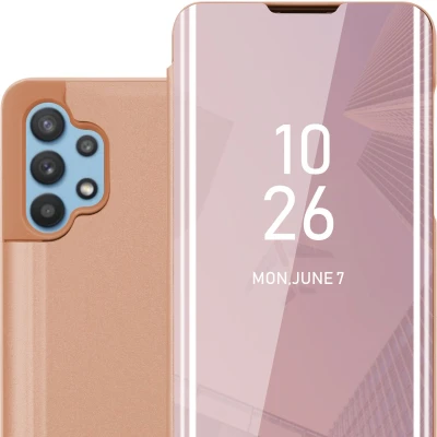 Afbeelding van Cadorabo Hoesje geschikt voor Samsung Galaxy A32 5G in KUNZIET ROZE Clear View Spiegel Beschermende Case met Tribunefunctie 360 Graden Bescherming Book Cover Etui