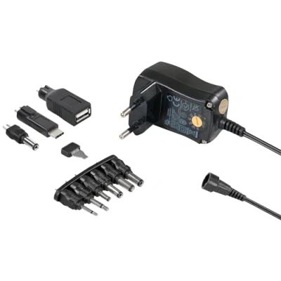 Afbeelding van MaxTrack Gestabiliseerde schakelvoeding met 7 spanningsniveaus, 600 mA, USB A, C, 1,8 m kabel, universele voeding, DC stekker, voeding adapterstekker, spanningsregelaar