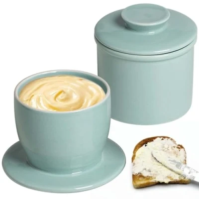 Afbeelding van Franse botervloot, keramische botervloot met rond deksel, watergekoeld waterlijn, boterbel, boterbel voor smeerbare boter, lichtblauw