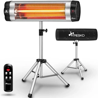 Afbeelding van TRESKO Infrarood warmtestraler, 2500 W, met afstandsbediening en afdekking, elektrisch 3 warmtestanden, terrasstraler, voor binnen buiten, in hoogte verstelbaar (Grijs)