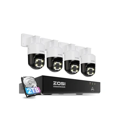 Afbeelding van ZOSI 4K Buiten Bewakingscamera Set, 4x 8MP 360Pan Tilt IP Cameras met Spotlight, 8CH 2TB NVR, Persoon /Voertuigdetectie, Auto Tracking, Kleurnachtzicht &amp; 2 Weg Audio