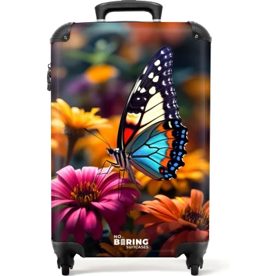 Afbeelding van NoBoringSuitcases.com® Handbagage koffer lichtgewicht Reiskoffer trolley Vlinder op kleurrijke bloemen Rolkoffer met wieltjes Past binnen 55x40x20 en 55x35x25