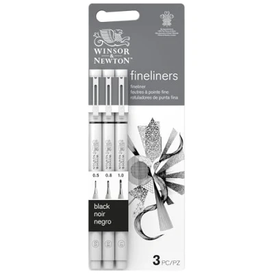 Afbeelding van Winsor &amp; Newton Fineliner Set van 3 gekalibreerde finelinerstiften, kleur zwart, punten 0,5, 0,8, 1.0