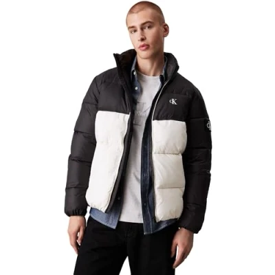 Afbeelding van Calvin Klein Jeans Blocking Puffer Winterjas, Heren, Maat: Small, Ivory/black