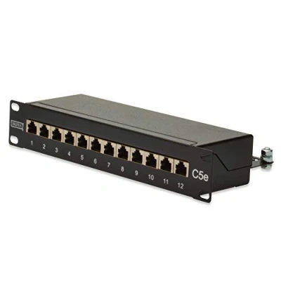 Afbeelding van DIGITUS Cat 5e patchpaneel 12 poorten RJ45 aansluitingen 10 inch rack mount 1HE LSA verdelerveld afgeschermd zwart